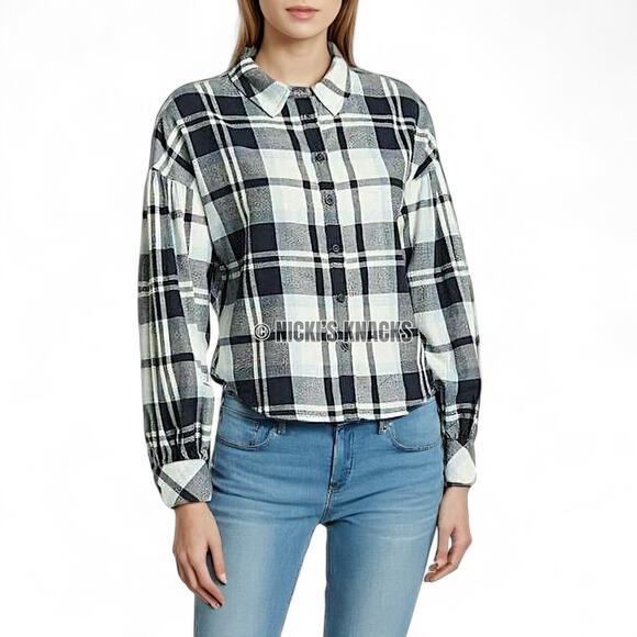 Sanctuary Nordic Plaid Cropped Button Down Long Sleeve Cotton Shirt Size S - Picture 8 of 10